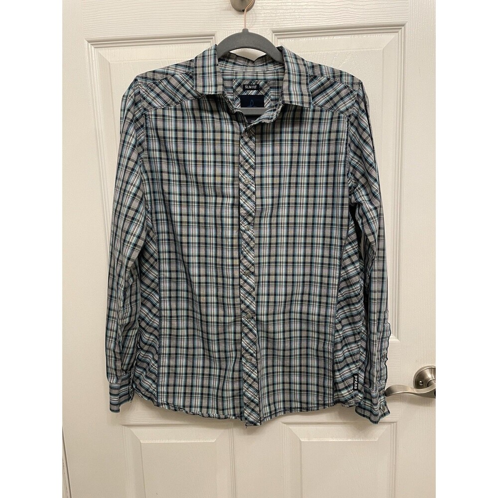 Prana Men's Size Small SLIM FIT Pearl Snap Blue Black Plaid Long Sleeve Shirt